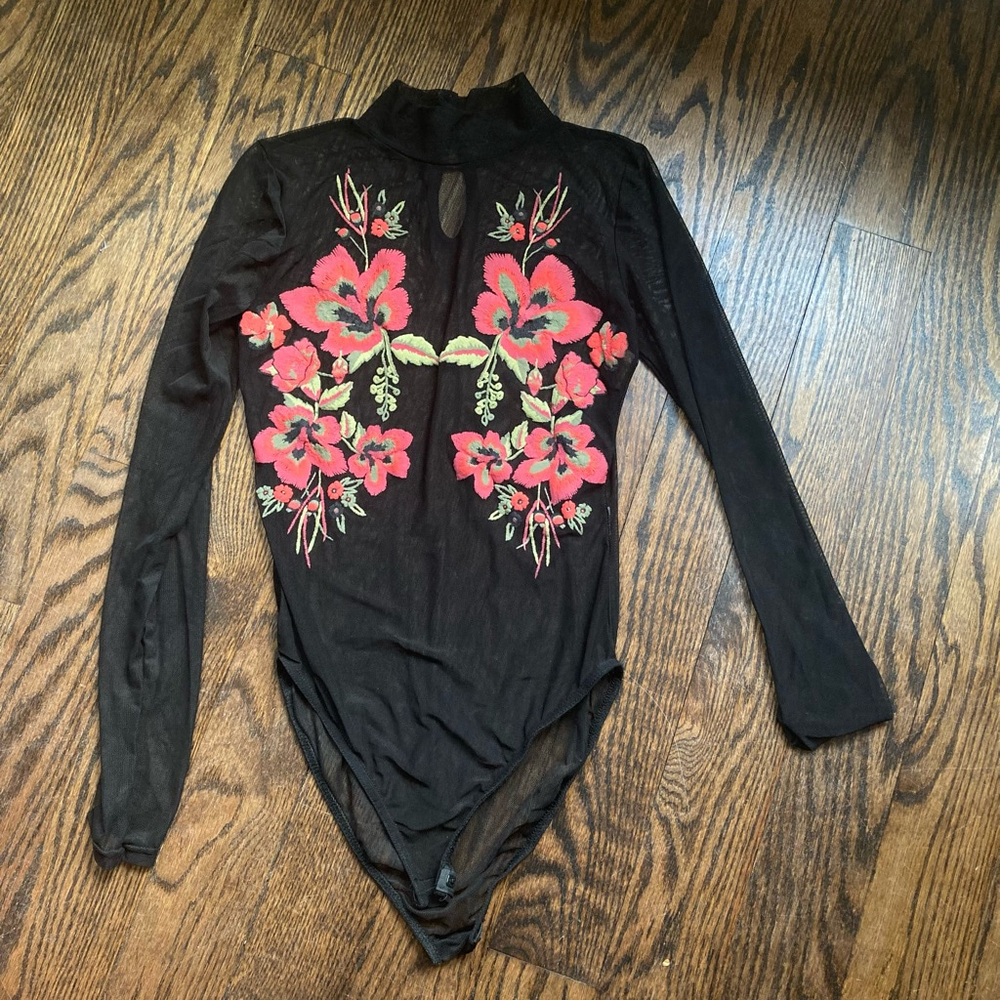 Women's Boohoo Bodysuit Turtle Neck Black with Floral Embroidery/Sheer